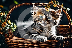 Cute little kitten wearing chaplet in a basket