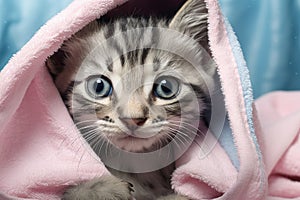 Cute little kitten wrapped in a pink blanket, close-up, Cute wet gray tabby cat kitten after a bath wrapped in a pink towel with