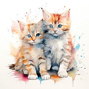Cute little kittens on white background, watercolor painting, illustration generative AI Generative AI
