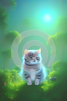 Cute little Kitty ,cat with big eyes in the nature ,garden ,forest digital illustration