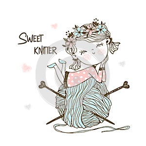 Cute little knitter with a huge skein of yarn. Vector