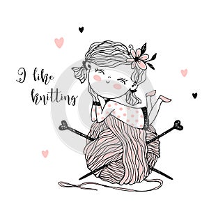 Cute little knitter with a huge skein of yarn. Vector