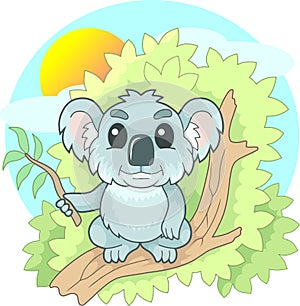 Cute little koala sitting on a branch, funny illustration