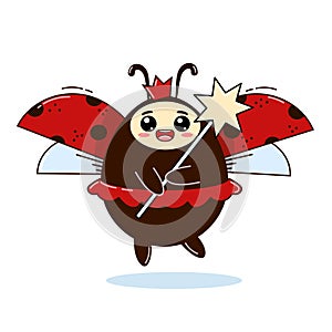 Cute little ladybug fairy with a crown with a magic wand. Cartoon character lady beetle. Vector illustration for designs