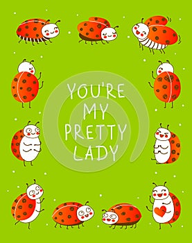 Cute little ladybugs on green background - cartoon vertical frame for funny design