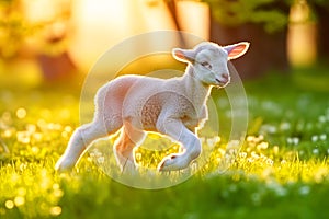 Cute little lamb on fresh spring green meadow during sunrise background