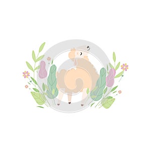 Cute Little Lamb on Green Meadow, Adorable Sheep Animal Vector Illustration