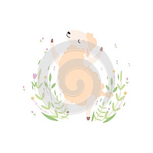 Cute Little Lamb Jumping Happily, Adorable Sheep Animal on Spring Meadow Vector Illustration