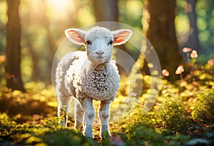 Cute little lamb standing alone in the forest among a sunlit trees