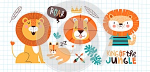 Cute little lion doodle illustration set of funny safari animals