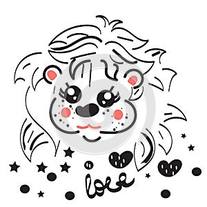 Cute little lion with love, stars and balls. Leo zodiac sign. Hand drawn isolated vector illustration.