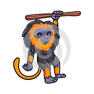 Cute little lion monkey cartoon hanging on tree