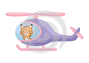 Cute little lynx pilot in violet helicopter. Cartoon character for childrens book, album, baby shower, greeting card, party