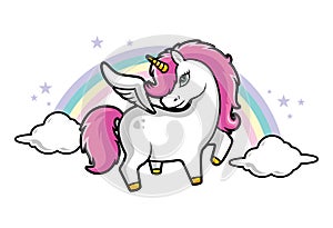 Cute Little Magical Pink Unicorn, Pink Hair, Rainbow and Stars, Clouds Vector Illustration for Children