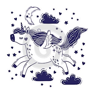 Cute little magical unicorn flying among fluffy clouds. Vector hand drawing illustration isolated on white background