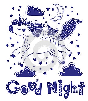 Cute little magical unicorn and short phrase good night. Vector hand drawing illustration isolated on white background