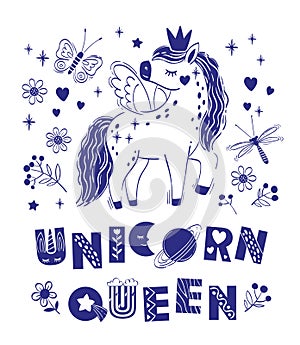 Cute little magical unicorn and short phrase unicorn queen. Vector hand drawing illustration isolated on white