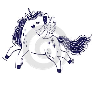 Cute little magical unicorn. Vector hand drawing illustration isolated on white background