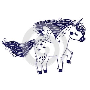 Cute little magical unicorn. Vector hand drawing illustration isolated on white background