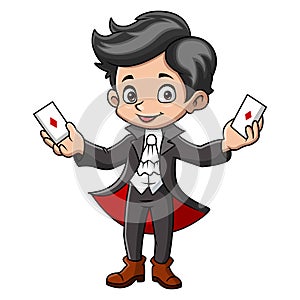 Cute little magician boy cartoon playing a cards
