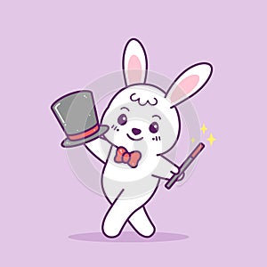 Cute little magician rabbit with hat and magic stick