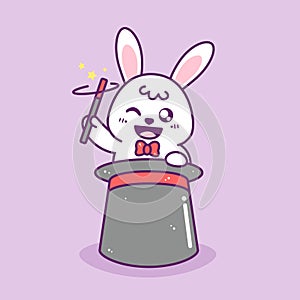 Cute little magician rabbit with hat and magic stick