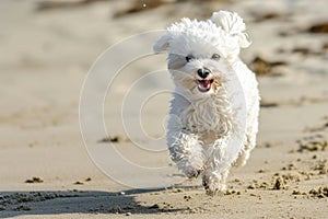 Cute little Maltese puppy running on the beach in summer