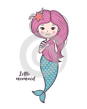 Cute little mermaid. Beautiful cartoon mermaid girl with pink hair