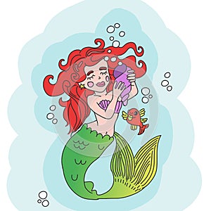 Cute little mermaid. Beautiful cartoon mermaid girl with pink hair, character design, isolated on white background