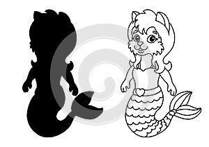 Cute little mermaid cat. Coloring book page for kids. Cartoon style. Vector illustration isolated on white background