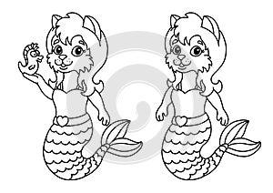 Cute little mermaid cat. Coloring book page for kids. Cartoon style. Vector illustration isolated on white background