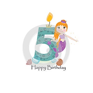 Cute little mermaid fifth birthday card five candle and marine life