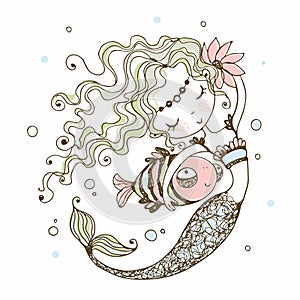 Cute little Mermaid with a fish . Doodle style. Vector