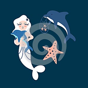 Cute little mermaid holding a baby dolphin. Cartoon dolphin with bag and starfish