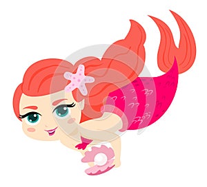 Cute little mermaid isolated on white background. Vector illustration.