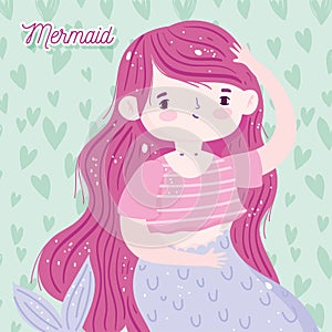 Cute little mermaid pink hair hearts decoration background cartoon