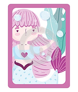 Cute little mermaid princess bubbles sea seaweed cartoon