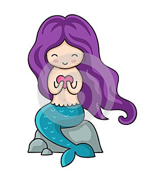 Cute little mermaid with purple hair with heart in hands.