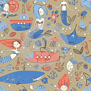 Cute little mermaid seamless pattern. Believe in miracle. Textur