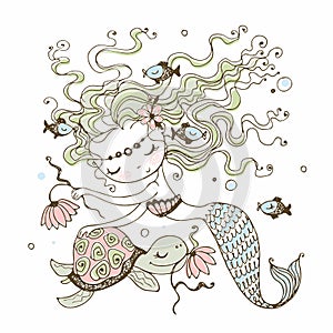 A cute little mermaid with a turtle. Doodle style. Vector