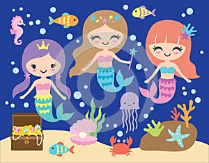 Cute Little Mermaid Under the Sea Vector Illustration