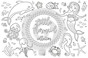 Cute little mermaid and underwater world set Coloring book page for kids. Collection of design element, outline, doodle