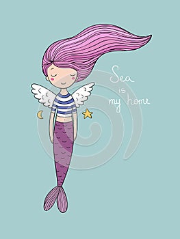 Cute little mermaid with wings. Siren. Sea theme.
