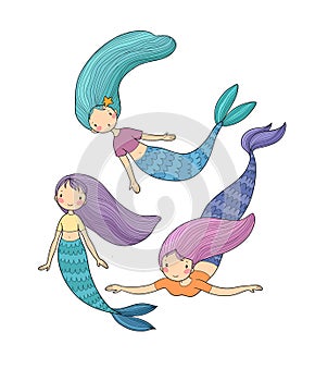 Cute little mermaids. cartoon girls with fish tails. Marine theme