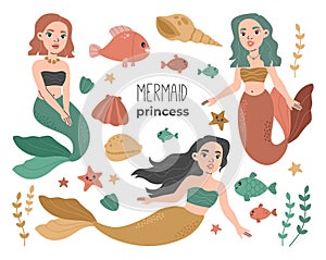 Cute little mermaids clip art with sea plants. Kawaii princess girl