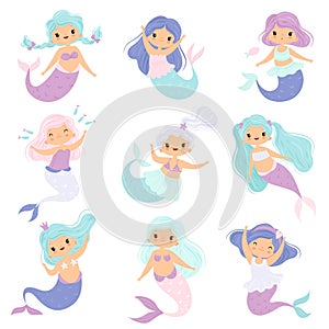 Cute Little Mermaids Set, Lovely Fairytale Girl Princess Mermaid Characters Vector Illustration