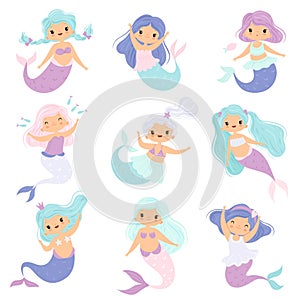 Cute Little Mermaids Set, Lovely Fairytale Girl Princess Mermaid Characters Vector Illustration photo