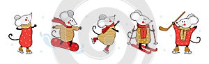 Cute little mice are engaged in winter sports. Cartoon character rat skates, snowboards, skis, plays hockey. Pastime and