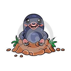 Cute little mole cartoon comes out from of the hole