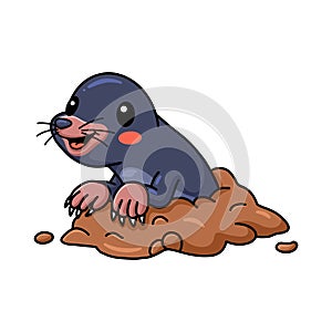 Cute little mole cartoon comes out from of the hole